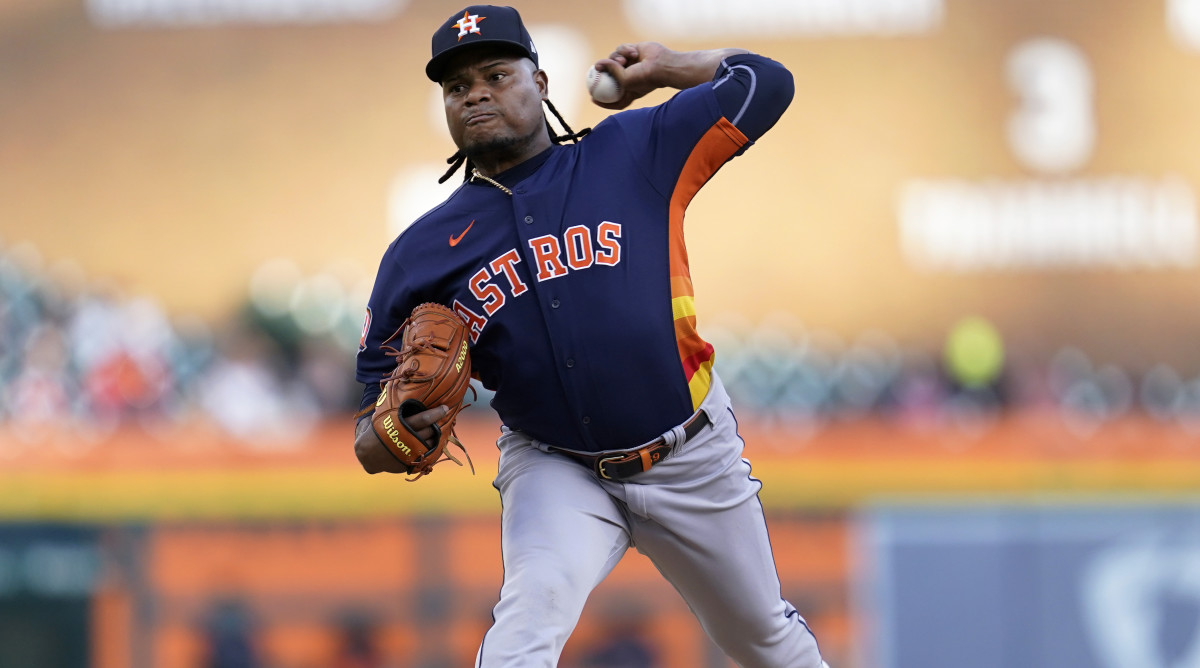 Houston Astros pitcher Framber Valdez throws against the Detroit Tigers in the first inning of a baseball game in Detroit, Monday, Sept. 12, 2022.